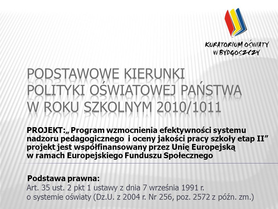 PROJEKT: Program wzmocnienia efektywności systemu nadzoru pedagogicznego i oceny jakości pracy szkoły etap II projekt jest współfinansowany przez Unię Europejską w ramach Europejskiego Funduszu Społecznego Podstawa prawna: Art.