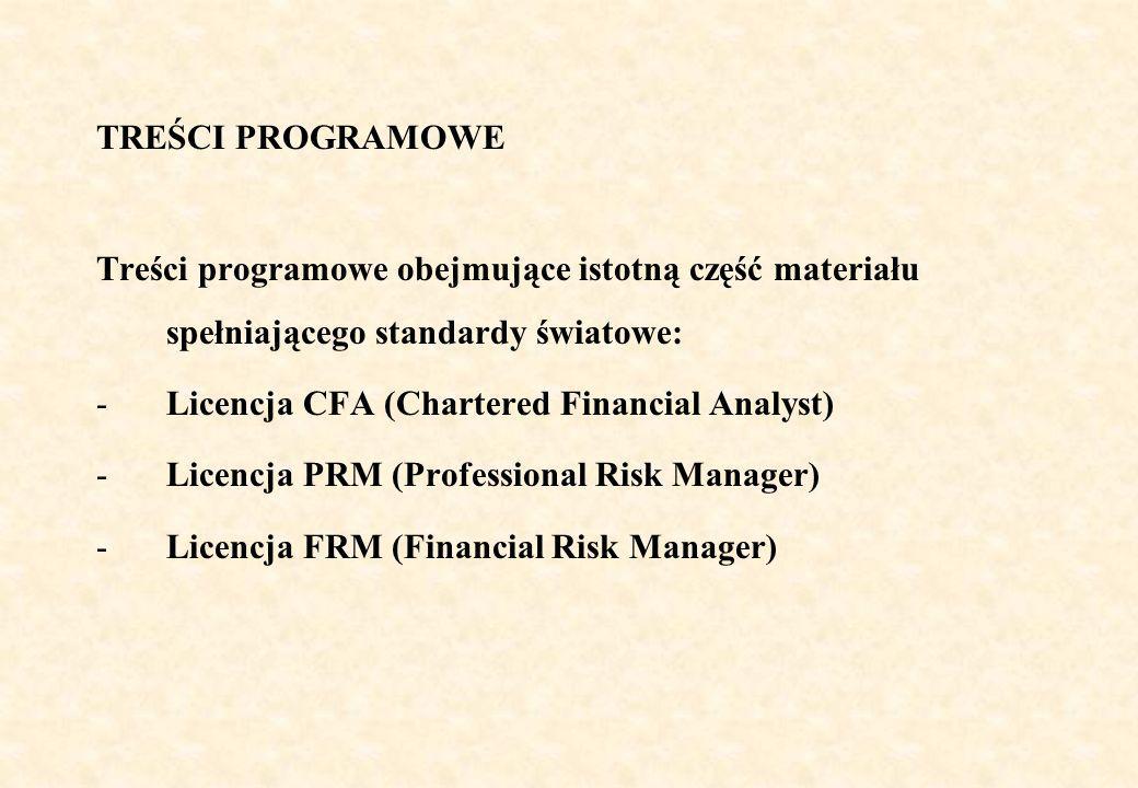 TREŚCI PROGRAMOWE Treści programowe obejmujące istotną część materiału spełniającego standardy światowe: -Licencja CFA (Chartered Financial Analyst) -Licencja PRM (Professional Risk Manager) -Licencja FRM (Financial Risk Manager)