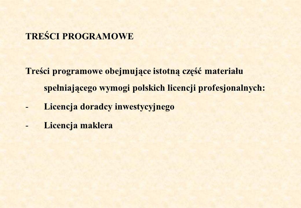 TREŚCI PROGRAMOWE Treści programowe obejmujące istotną część materiału spełniającego wymogi polskich licencji profesjonalnych: -Licencja doradcy inwestycyjnego -Licencja maklera