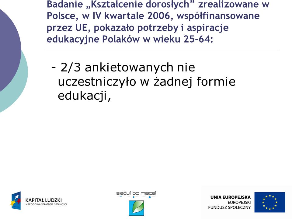 Badanie Kształcenie dorosłych zrealizowane w Polsce, w IV kwartale 2006, współfinansowane przez UE, pokazało potrzeby i aspiracje edukacyjne Polaków w wieku 25-64: - 2/3 ankietowanych nie uczestniczyło w żadnej formie edukacji,