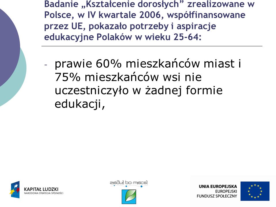 Badanie Kształcenie dorosłych zrealizowane w Polsce, w IV kwartale 2006, współfinansowane przez UE, pokazało potrzeby i aspiracje edukacyjne Polaków w wieku 25-64: - prawie 60% mieszkańców miast i 75% mieszkańców wsi nie uczestniczyło w żadnej formie edukacji,