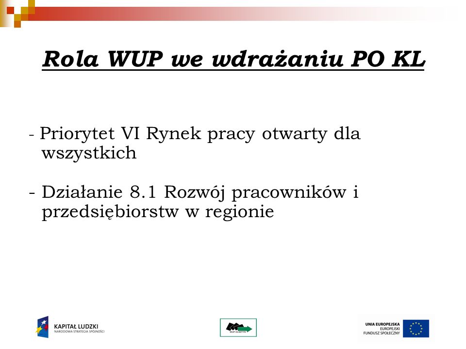 Rola WUP we wdrażaniu PO KL - Priorytet VI Rynek pracy otwarty dla wszystkich - Działanie 8.1 Rozwój pracowników i przedsiębiorstw w regionie