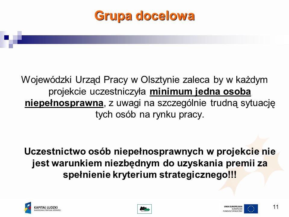11 Wojewódzki Urząd Pracy w Olsztynie zaleca by w każdym projekcie uczestniczyła minimum jedna osoba niepełnosprawna, z uwagi na szczególnie trudną sytuację tych osób na rynku pracy.