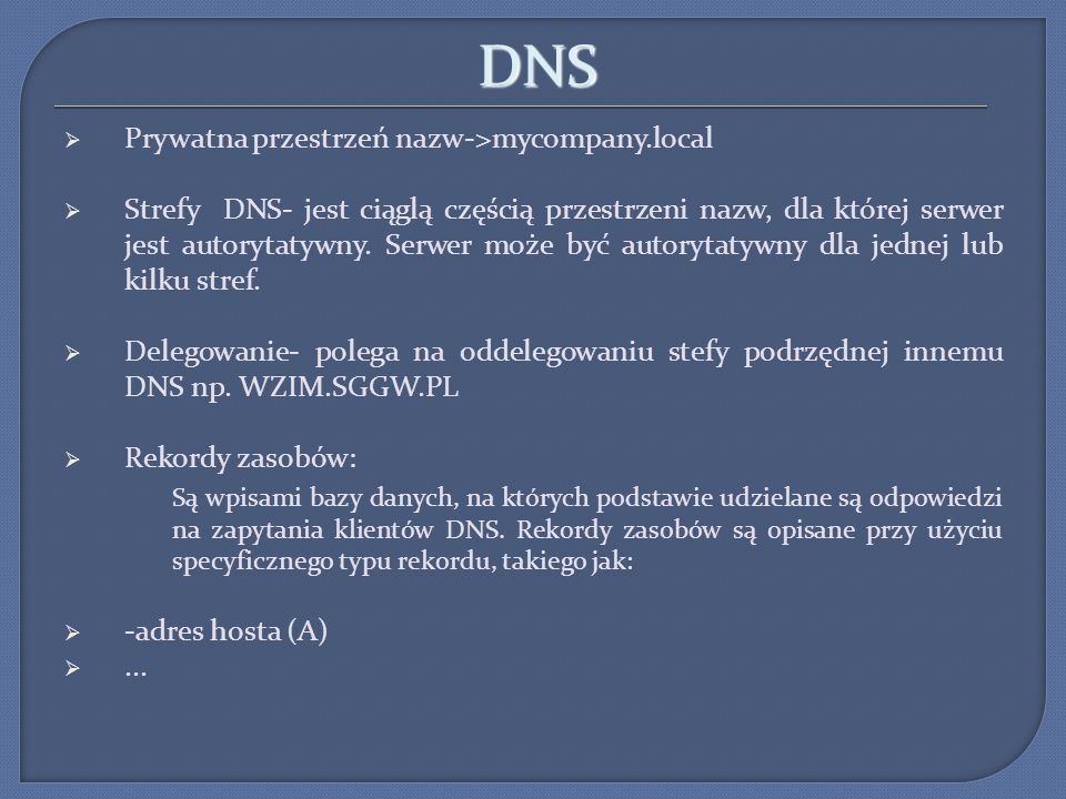 DNS Prywatna przestrzeń nazw->mycompany.local Strefy DNS- jest ciąglą częścią przestrzeni nazw, dla której serwer jest autorytatywny.