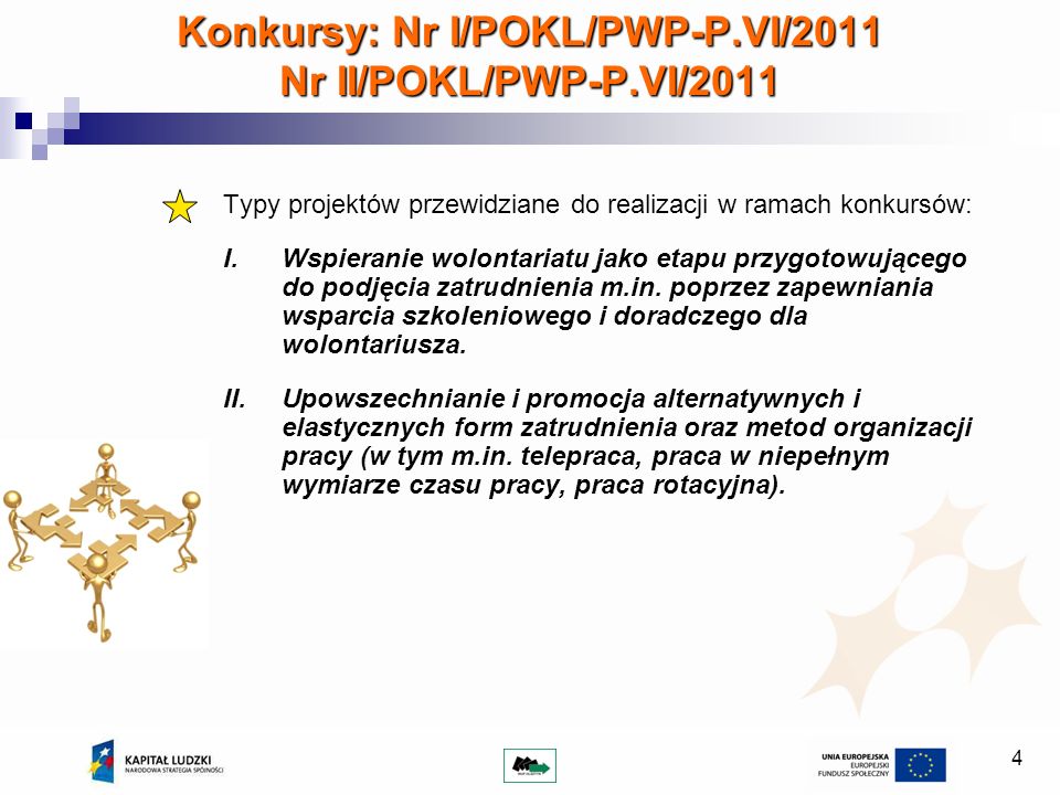 4 Konkursy: Nr I/POKL/PWP-P.VI/2011 Nr II/POKL/PWP-P.VI/2011 Typy projektów przewidziane do realizacji w ramach konkursów: I.Wspieranie wolontariatu jako etapu przygotowującego do podjęcia zatrudnienia m.in.