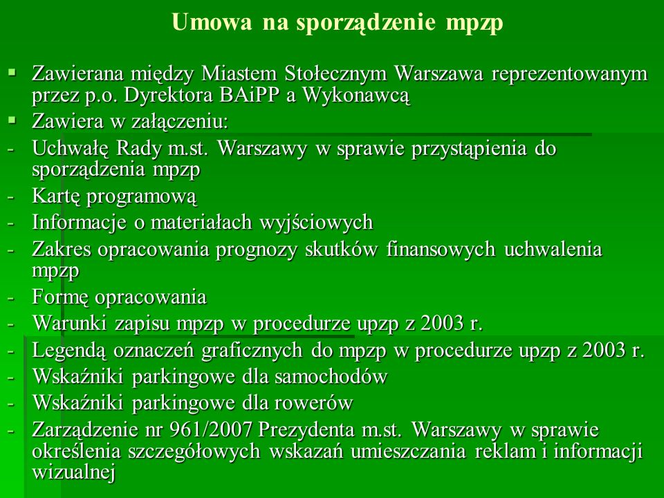 Umowa na sporządzenie mpzp Zawierana między Miastem Stołecznym Warszawa reprezentowanym przez p.o.
