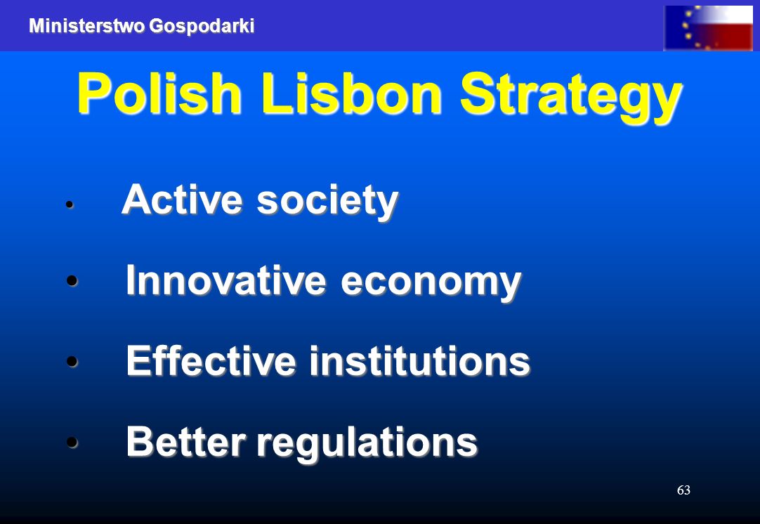 Ministerstwo Gospodarki 63 Polish Lisbon Strategy Active society Active society Innovative economy Innovative economy Effective institutions Effective institutions Better regulations Better regulations