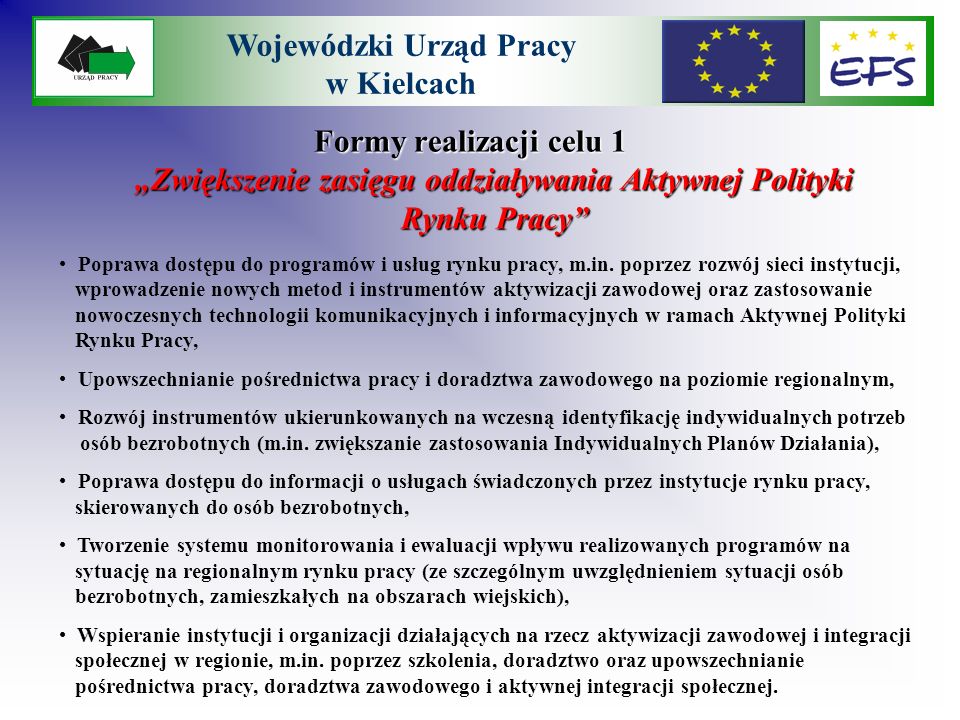 Formy realizacji celu 1 Zwiększenie zasięgu oddziaływania Aktywnej Polityki Rynku Pracy Wojewódzki Urząd Pracy w Kielcach Poprawa dostępu do programów i usług rynku pracy, m.in.
