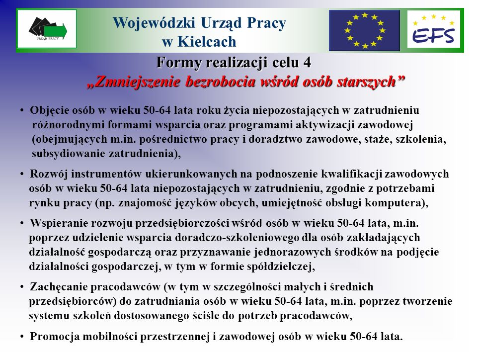 Formy realizacji celu 4 Zmniejszenie bezrobocia wśród osób starszych Wojewódzki Urząd Pracy w Kielcach Objęcie osób w wieku lata roku życia niepozostających w zatrudnieniu różnorodnymi formami wsparcia oraz programami aktywizacji zawodowej (obejmujących m.in.