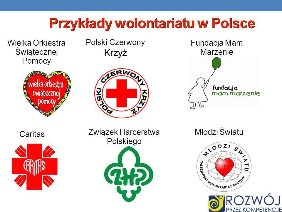 Przykłady wolontariatu w Polsce Wielka Orkiestra Świątecznej Pomocy Polski Czerwony Krzyż Fundacja Mam Marzenie Caritas Związek Harcerstwa Polskiego Młodzi Światu