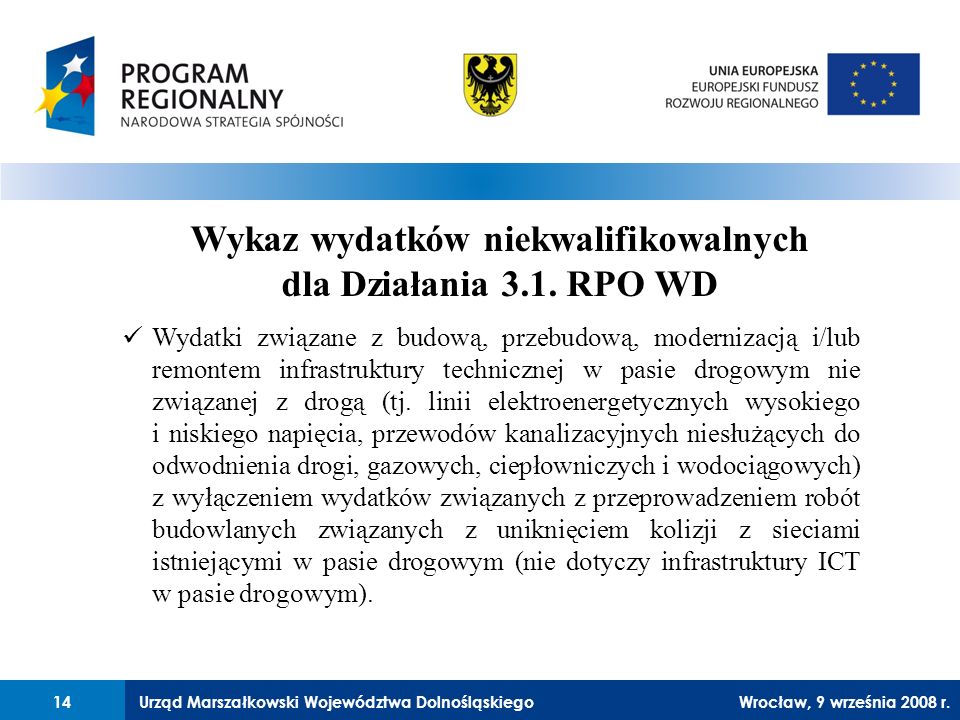 Urząd Marszałkowski Województwa Dolnośląskiego27 lutego 2008 r.14 Wykaz wydatków niekwalifikowalnych dla Działania 3.1.