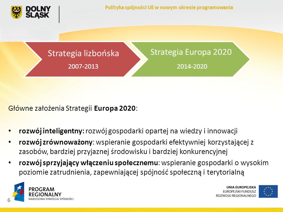 6 Główne założenia Strategii Europa 2020: rozwój inteligentny: rozwój gospodarki opartej na wiedzy i innowacji rozwój zrównoważony: wspieranie gospodarki efektywniej korzystającej z zasobów, bardziej przyjaznej środowisku i bardziej konkurencyjnej rozwój sprzyjający włączeniu społecznemu: wspieranie gospodarki o wysokim poziomie zatrudnienia, zapewniającej spójność społeczną i terytorialną Strategia lizbońska Strategia Europa
