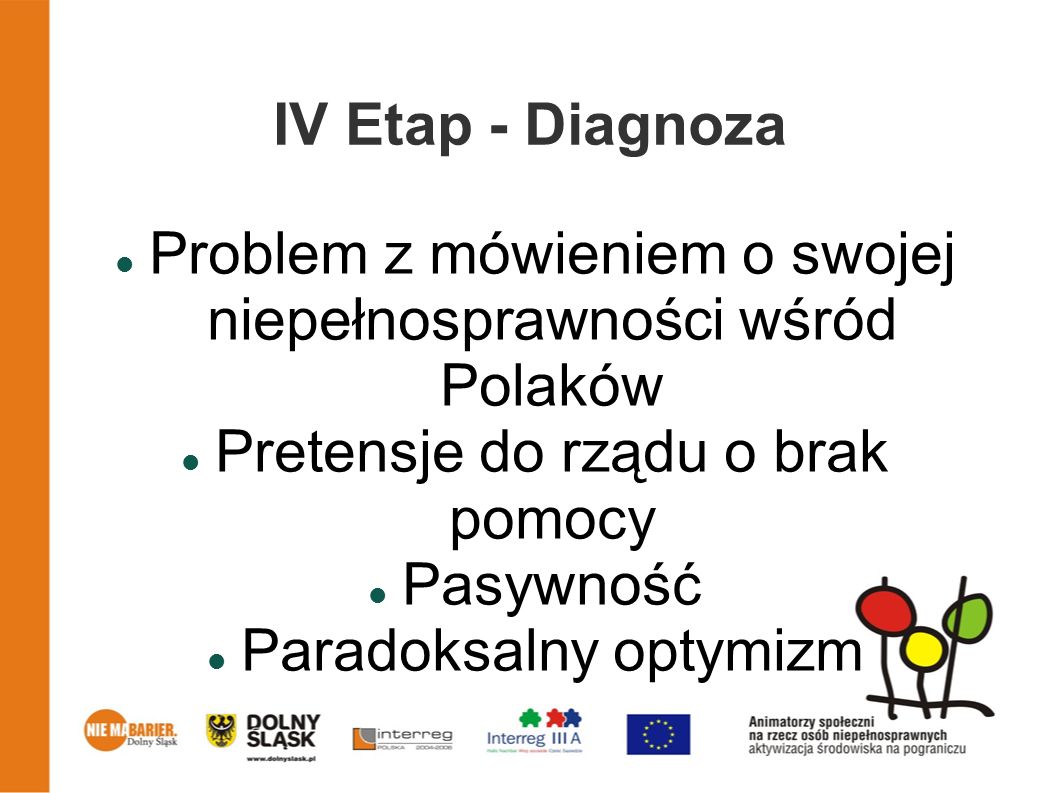 IV Etap - Diagnoza Problem z mówieniem o swojej niepełnosprawności wśród Polaków Pretensje do rządu o brak pomocy Pasywność Paradoksalny optymizm