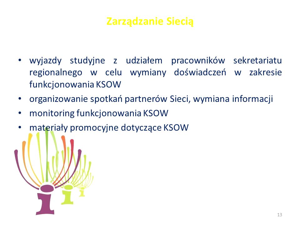 Zarządzanie Siecią wyjazdy studyjne z udziałem pracowników sekretariatu regionalnego w celu wymiany doświadczeń w zakresie funkcjonowania KSOW organizowanie spotkań partnerów Sieci, wymiana informacji monitoring funkcjonowania KSOW materiały promocyjne dotyczące KSOW 13