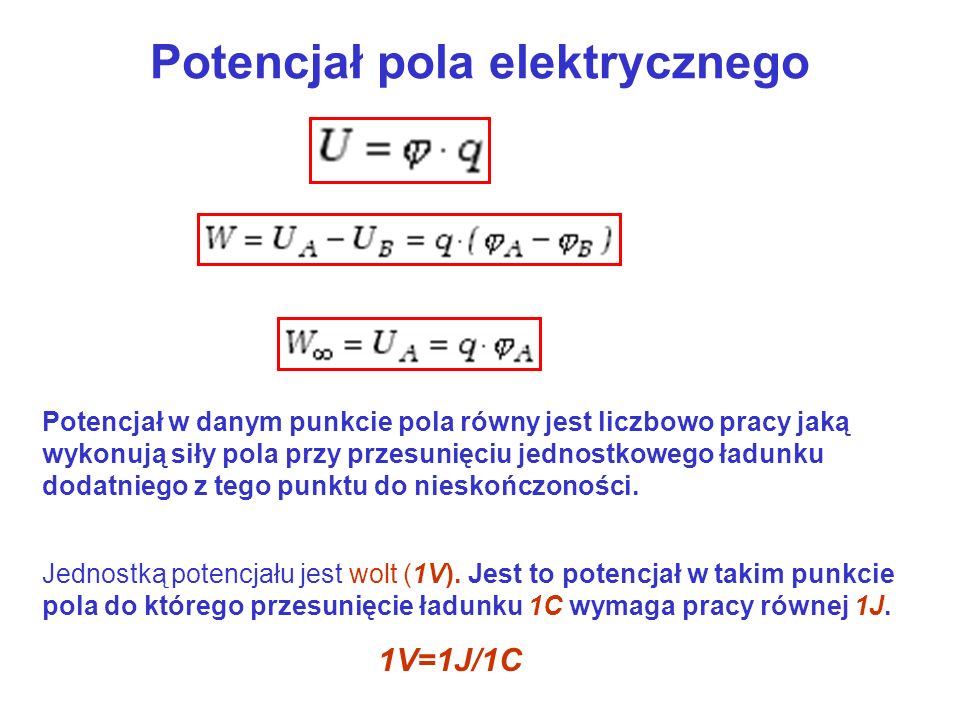 Potencjał pola elektrycznego Potencjał w danym punkcie pola równy jest liczbowo pracy jaką wykonują siły pola przy przesunięciu jednostkowego ładunku dodatniego z tego punktu do nieskończoności.