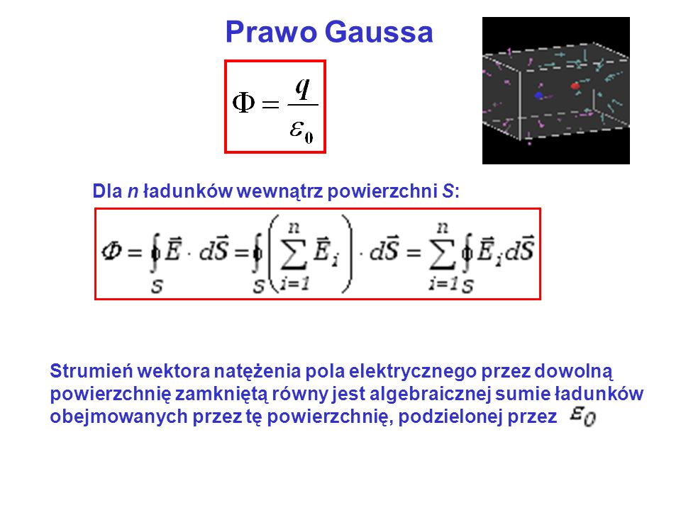 Prawo Gaussa Strumień wektora natężenia pola elektrycznego przez dowolną powierzchnię zamkniętą równy jest algebraicznej sumie ładunków obejmowanych przez tę powierzchnię, podzielonej przez Dla n ładunków wewnątrz powierzchni S: