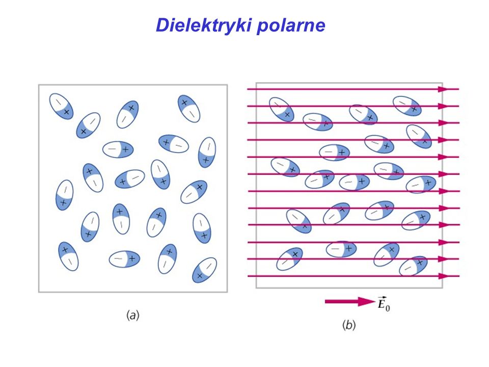 Dielektryki polarne dielektryk polarny: np.H 2 O lub HCl Moment dipolowy różny od 0 w nieobecności pola elektrycznego