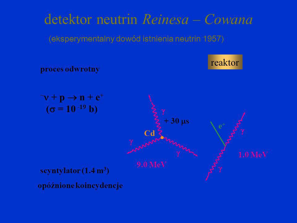 ~ + p n + e + ( = b) detektor neutrin Reinesa – Cowana proces odwrotny 1.0 MeV + 30 s ~ n e+e+ p reaktor 9.0 MeV Cd scyntylator (1.4 m 3 ) opóźnione koincydencje (eksperymentalny dowód istnienia neutrin 1957)