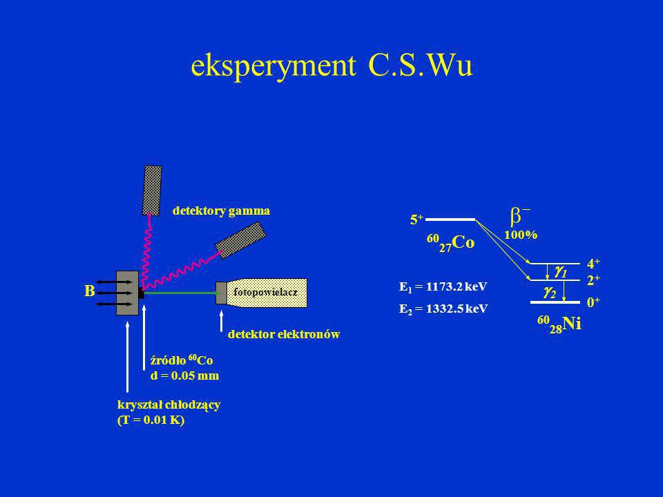 eksperyment C.S.Wu fotopowielacz detektor elektronów detektory gamma źródło 60 Co d = 0.05 mm kryształ chłodzący (T = 0.01 K) B Co Ni E 1 = keV E 2 = keV 100%