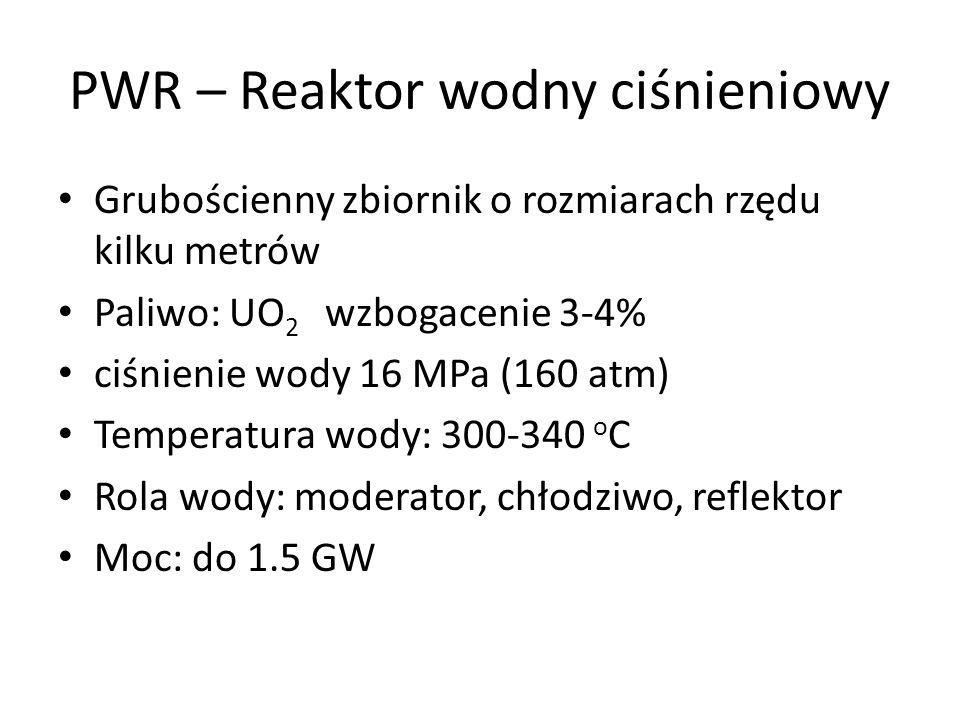 PWR – Reaktor wodny ciśnieniowy Grubościenny zbiornik o rozmiarach rzędu kilku metrów Paliwo: UO 2 wzbogacenie 3-4% ciśnienie wody 16 MPa (160 atm) Temperatura wody: o C Rola wody: moderator, chłodziwo, reflektor Moc: do 1.5 GW