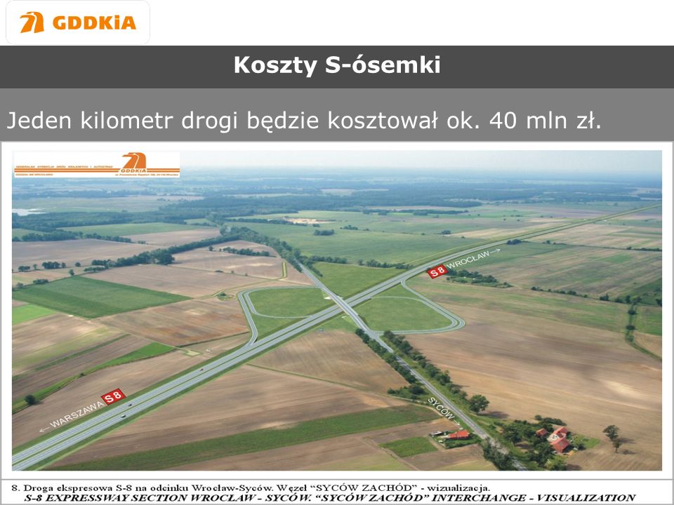 Generalna Dyrekcja Dróg Krajowych i Autostrad Oddział we Wrocławiu Koszty S-ósemki Jeden kilometr drogi będzie kosztował ok.