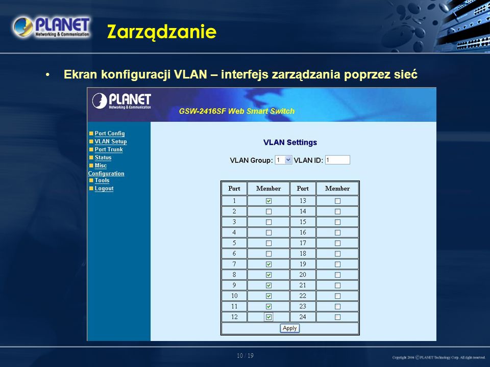 10 / 19 Zarządzanie Ekran konfiguracji VLAN – interfejs zarządzania poprzez sieć