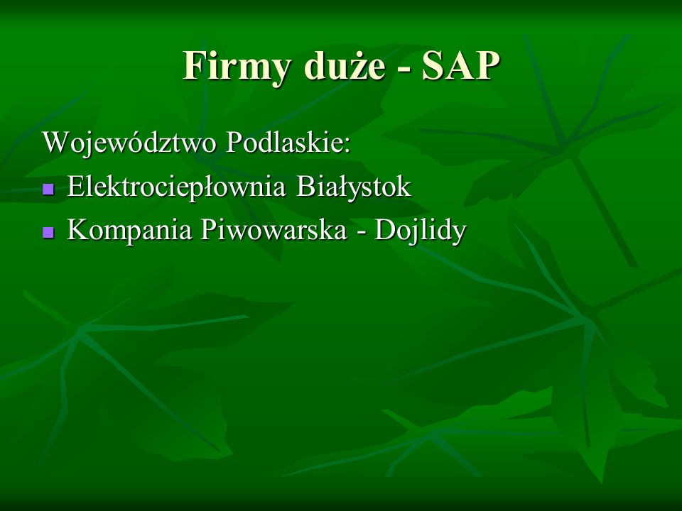 Firmy duże - SAP Województwo Podlaskie: Elektrociepłownia Białystok Elektrociepłownia Białystok Kompania Piwowarska - Dojlidy Kompania Piwowarska - Dojlidy