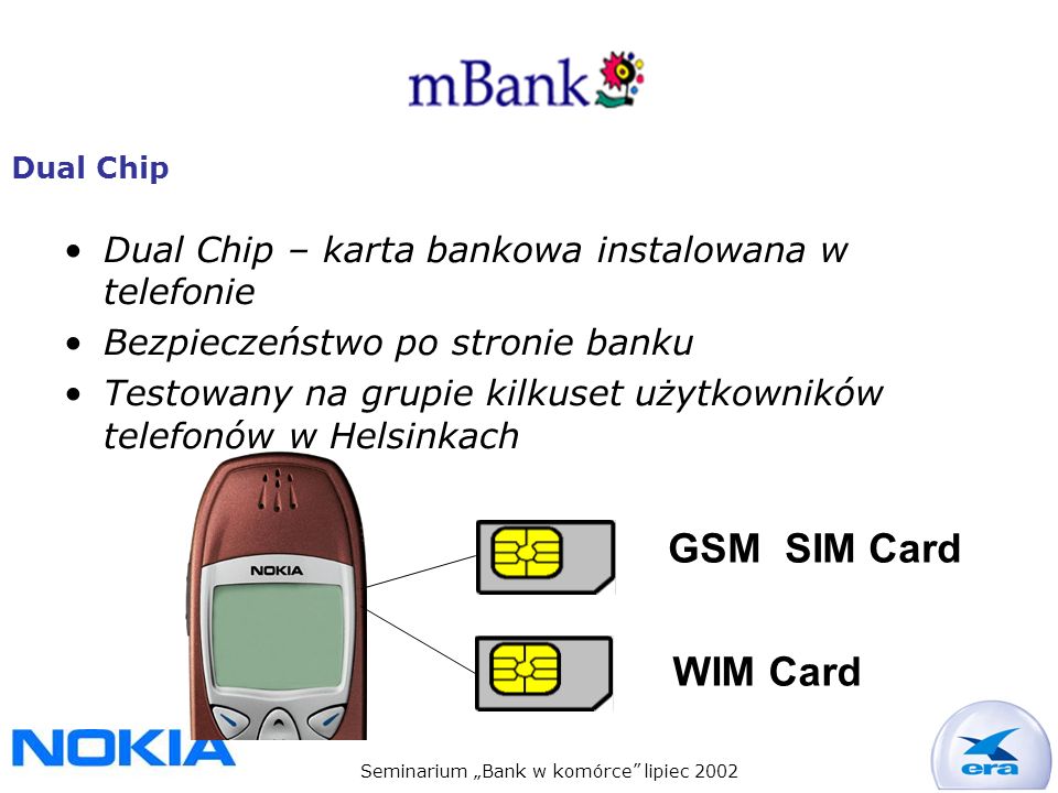 Seminarium Bank w komórce lipiec 2002 Dual Chip Dual Chip – karta bankowa instalowana w telefonie Bezpieczeństwo po stronie banku Testowany na grupie kilkuset użytkowników telefonów w Helsinkach GSM SIM Card WIM Card