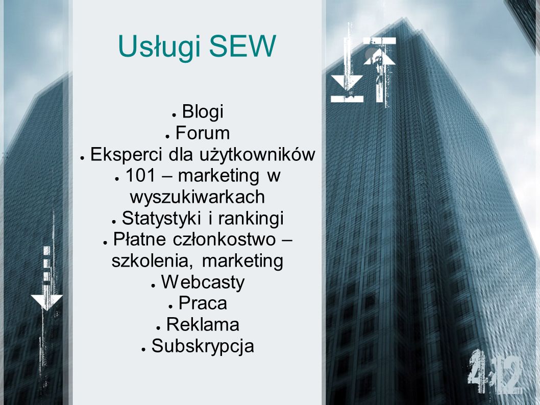 Usługi SEW Blogi Forum Eksperci dla użytkowników 101 – marketing w wyszukiwarkach Statystyki i rankingi Płatne członkostwo – szkolenia, marketing Webcasty Praca Reklama Subskrypcja