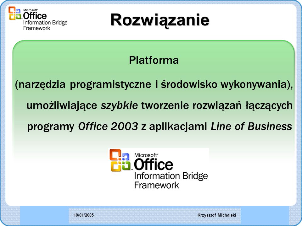 Rozwiązanie Platforma (narzędzia programistyczne i środowisko wykonywania), umożliwiające szybkie tworzenie rozwiązań łączących programy Office 2003 z aplikacjami Line of Business Krzysztof Michalski10/01/2005