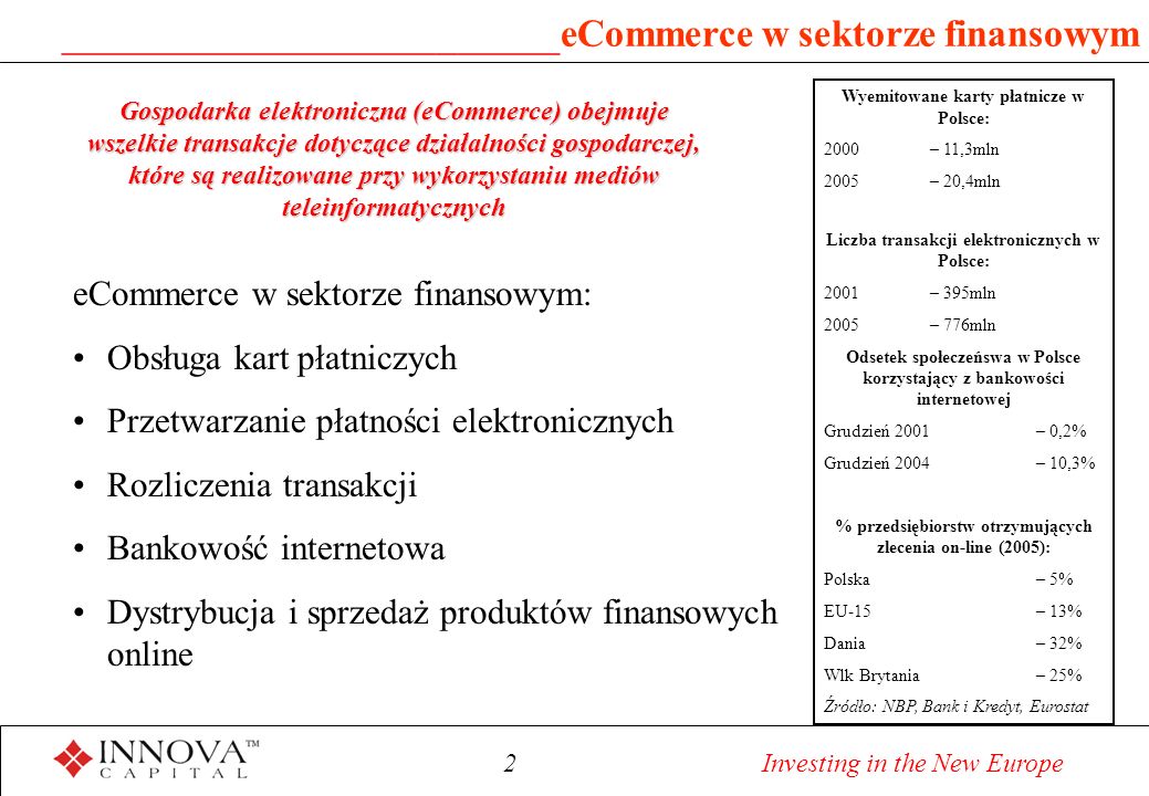 2 Investing in the New Europe ________________________ eCommerce w sektorze finansowym eCommerce w sektorze finansowym: Obsługa kart płatniczych Przetwarzanie płatności elektronicznych Rozliczenia transakcji Bankowość internetowa Dystrybucja i sprzedaż produktów finansowych online Gospodarka elektroniczna (eCommerce) obejmuje wszelkie transakcje dotyczące działalności gospodarczej, które są realizowane przy wykorzystaniu mediów teleinformatycznych Wyemitowane karty płatnicze w Polsce: 2000 – 11,3mln 2005 – 20,4mln Liczba transakcji elektronicznych w Polsce: 2001– 395mln 2005 – 776mln Odsetek społeczeńswa w Polsce korzystający z bankowości internetowej Grudzień 2001 – 0,2% Grudzień 2004 – 10,3% % przedsiębiorstw otrzymujących zlecenia on-line (2005): Polska – 5% EU-15 – 13% Dania – 32% Wlk Brytania – 25% Źródło: NBP, Bank i Kredyt, Eurostat