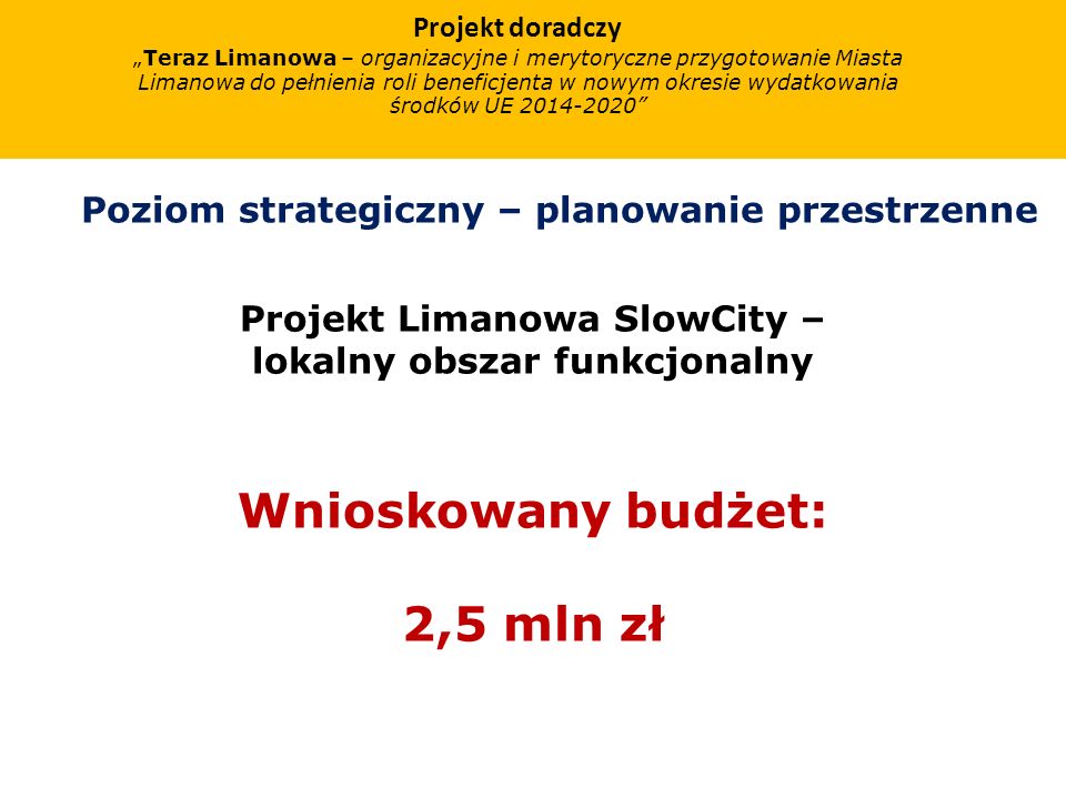 Projekt doradczy Teraz Limanowa – organizacyjne i merytoryczne przygotowanie Miasta Limanowa do pełnienia roli beneficjenta w nowym okresie wydatkowania środków UE Poziom strategiczny – planowanie przestrzenne Projekt Limanowa SlowCity – lokalny obszar funkcjonalny Wnioskowany budżet: 2,5 mln zł