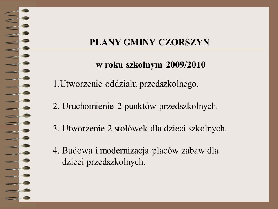 PLANY GMINY CZORSZYN w roku szkolnym 2009/ Utworzenie oddziału przedszkolnego.