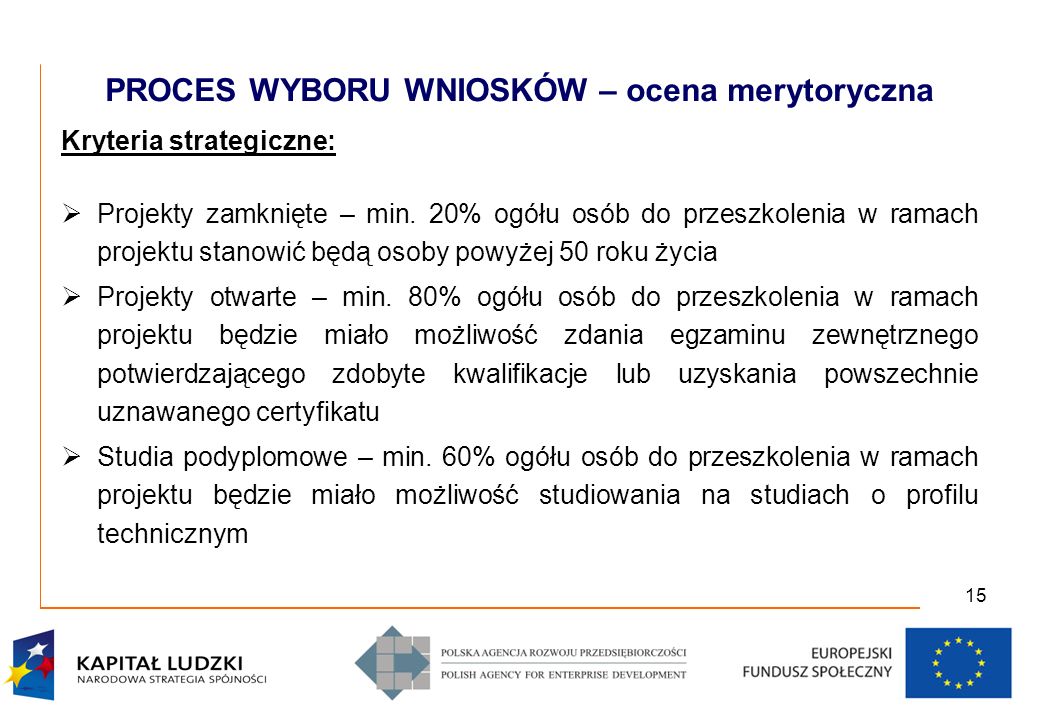 15 PROCES WYBORU WNIOSKÓW – ocena merytoryczna Kryteria strategiczne: Projekty zamknięte – min.