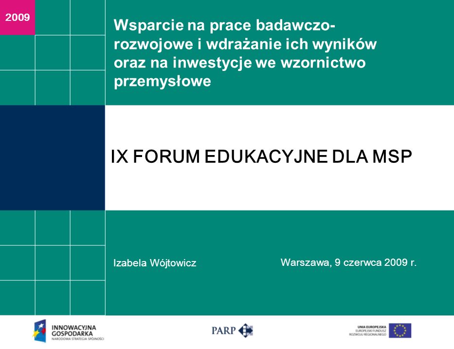 Wsparcie na prace badawczo- rozwojowe i wdrażanie ich wyników oraz na inwestycje we wzornictwo przemysłowe Izabela Wójtowicz Warszawa, 9 czerwca 2009 r.