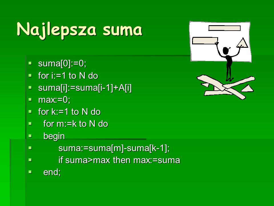 Najlepsza suma suma[0]:=0; suma[0]:=0; for i:=1 to N do for i:=1 to N do suma[i]:=suma[i-1]+A[i] suma[i]:=suma[i-1]+A[i] max:=0; max:=0; for k:=1 to N do for k:=1 to N do for m:=k to N do for m:=k to N do begin begin suma:=suma[m]-suma[k-1]; suma:=suma[m]-suma[k-1]; if suma>max then max:=suma if suma>max then max:=suma end; end;