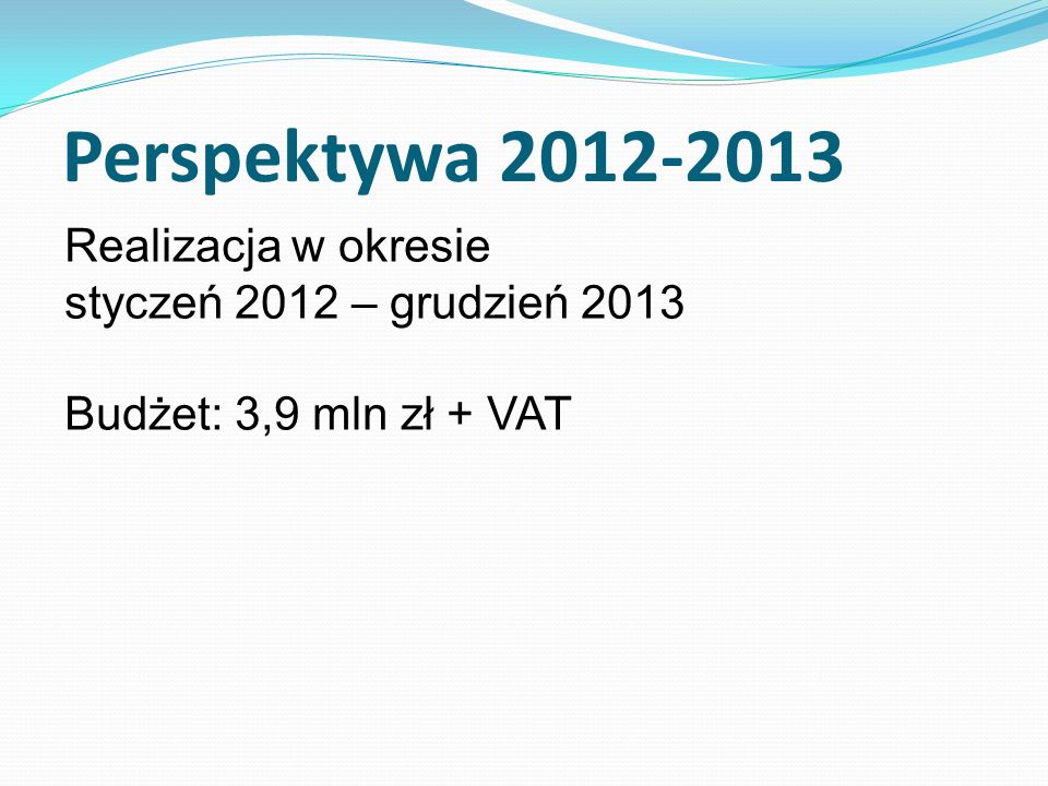 Realizacja w okresie styczeń 2012 – grudzień 2013 Budżet: 3,9 mln zł + VAT Perspektywa