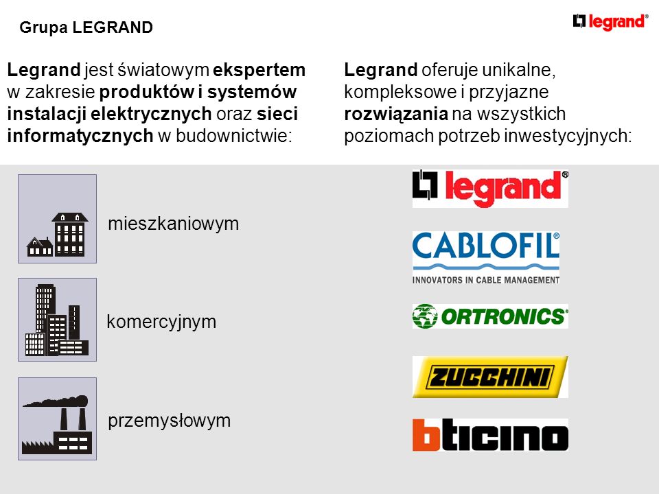Legrand jest światowym ekspertem w zakresie produktów i systemów instalacji elektrycznych oraz sieci informatycznych w budownictwie: komercyjnym mieszkaniowym przemysłowym Legrand oferuje unikalne, kompleksowe i przyjazne rozwiązania na wszystkich poziomach potrzeb inwestycyjnych: Grupa LEGRAND