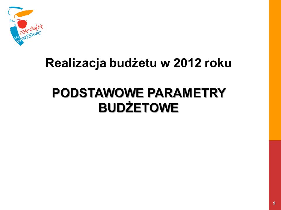 2 Realizacja budżetu w 2012 roku PODSTAWOWE PARAMETRY BUDŻETOWE