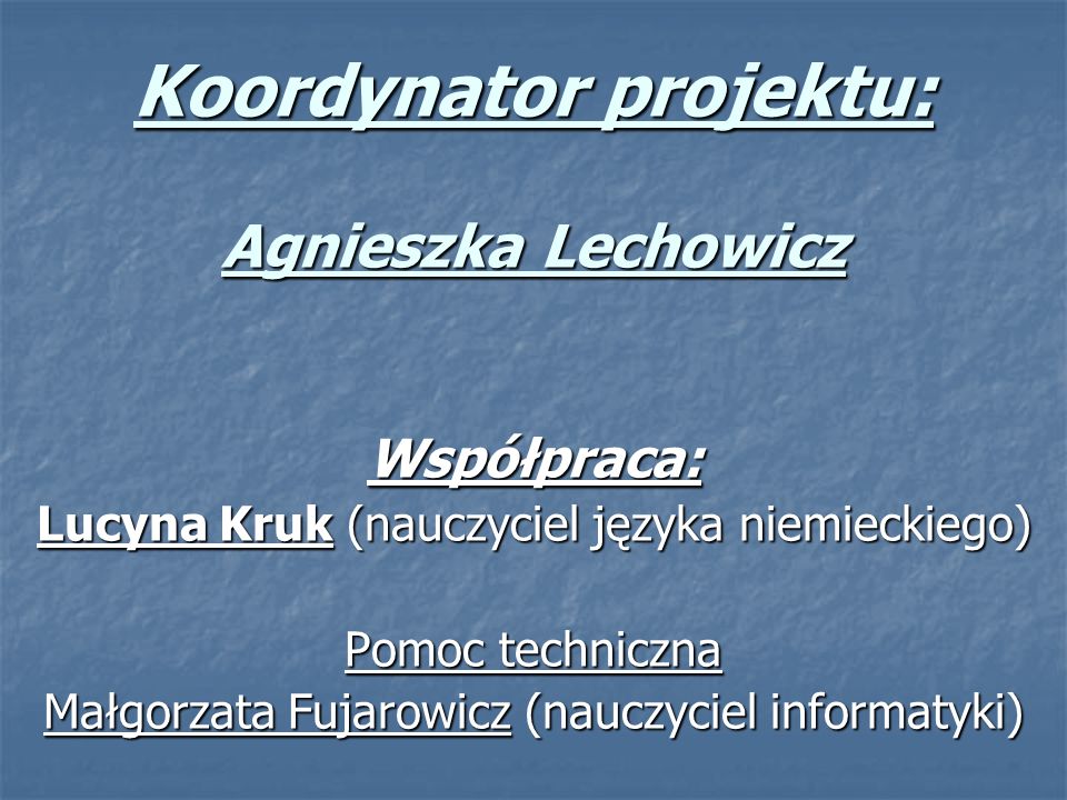 Koordynator projektu: Agnieszka Lechowicz Współpraca: Lucyna Kruk (nauczyciel języka niemieckiego) Pomoc techniczna Małgorzata Fujarowicz (nauczyciel informatyki)