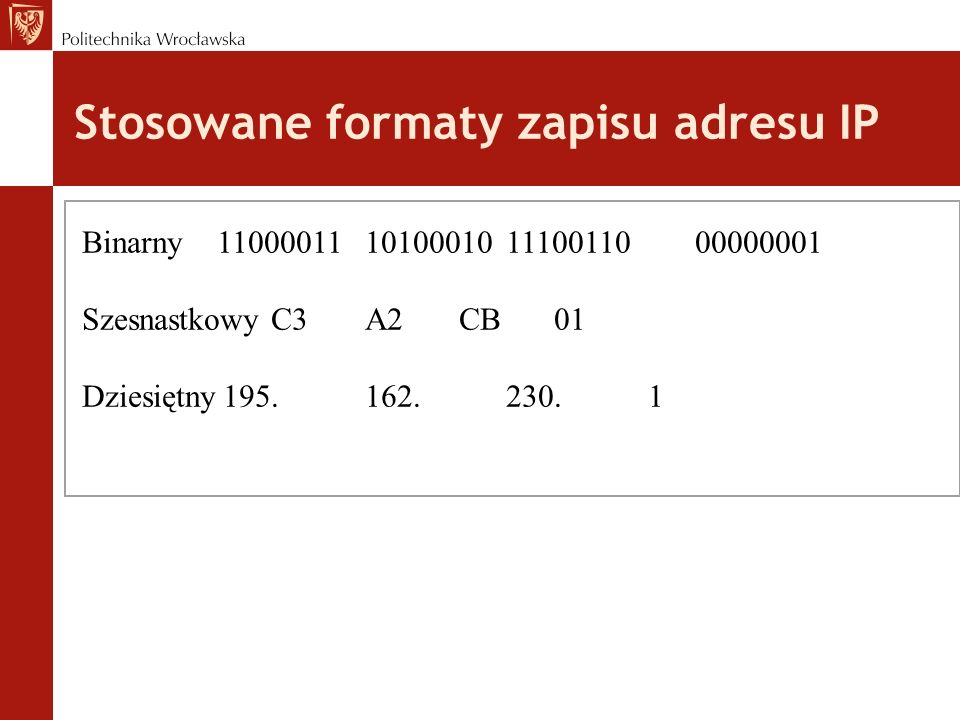 Stosowane formaty zapisu adresu IP Binarny SzesnastkowyC3A2CB01 Dziesiętny
