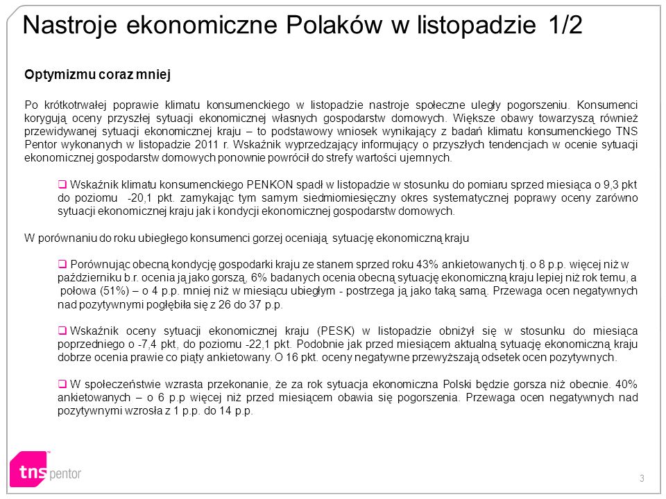 3 Nastroje ekonomiczne Polaków w listopadzie 1/2 Optymizmu coraz mniej Po krótkotrwałej poprawie klimatu konsumenckiego w listopadzie nastroje społeczne uległy pogorszeniu.