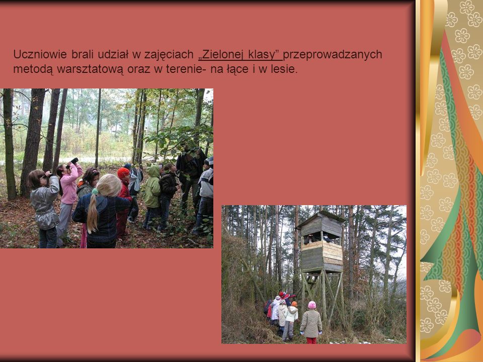 Uczniowie brali udział w zajęciach Zielonej klasy przeprowadzanych metodą warsztatową oraz w terenie- na łące i w lesie.