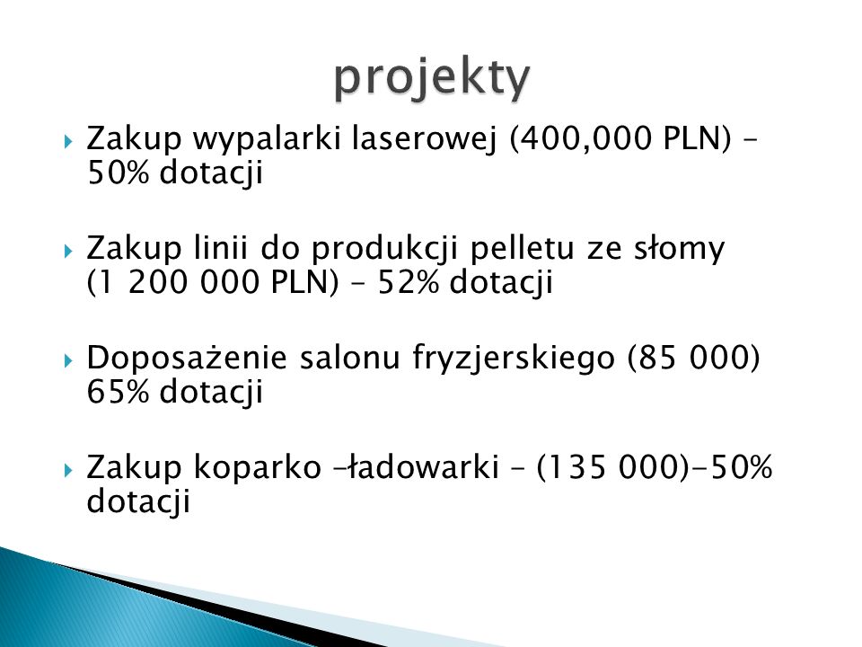Zakup wypalarki laserowej (400,000 PLN) – 50% dotacji Zakup linii do produkcji pelletu ze słomy ( PLN) – 52% dotacji Doposażenie salonu fryzjerskiego (85 000) 65% dotacji Zakup koparko –ładowarki – ( )-50% dotacji