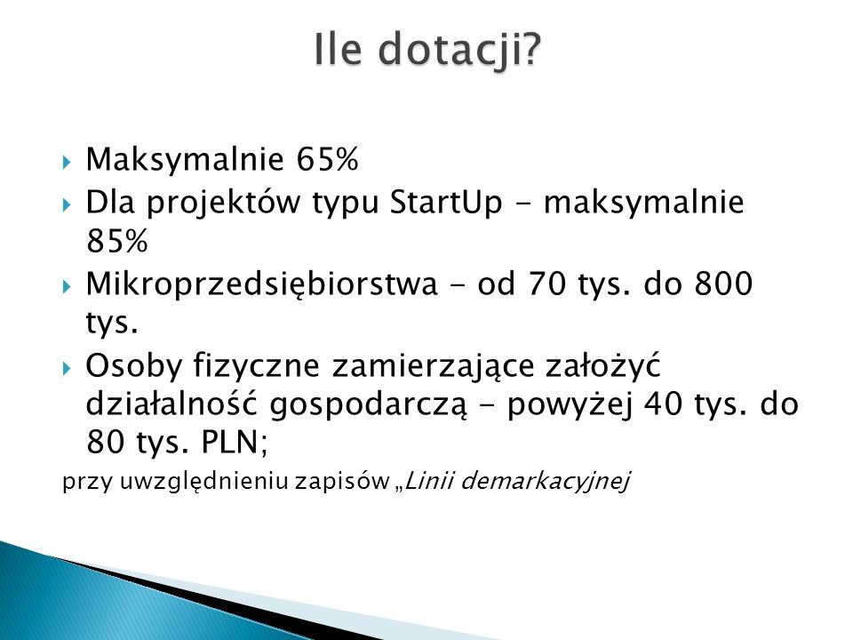 Maksymalnie 65% Dla projektów typu StartUp - maksymalnie 85% Mikroprzedsiębiorstwa - od 70 tys.