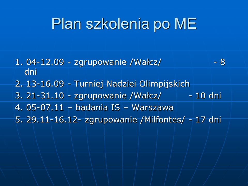 Plan szkolenia po ME zgrupowanie /Wałcz/ - 8 dni 2.
