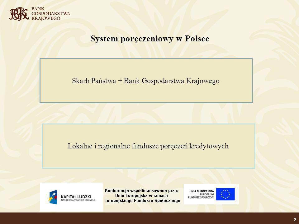 2 System poręczeniowy w Polsce Skarb Państwa + Bank Gospodarstwa Krajowego Lokalne i regionalne fundusze poręczeń kredytowych