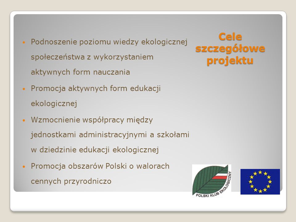 Cele szczegółowe projektu Podnoszenie poziomu wiedzy ekologicznej społeczeństwa z wykorzystaniem aktywnych form nauczania Promocja aktywnych form edukacji ekologicznej Wzmocnienie współpracy między jednostkami administracyjnymi a szkołami w dziedzinie edukacji ekologicznej Promocja obszarów Polski o walorach cennych przyrodniczo