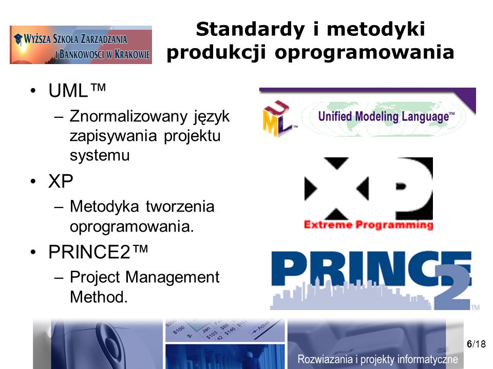 6/18 Standardy i metodyki produkcji oprogramowania UML –Znormalizowany język zapisywania projektu systemu XP –Metodyka tworzenia oprogramowania.
