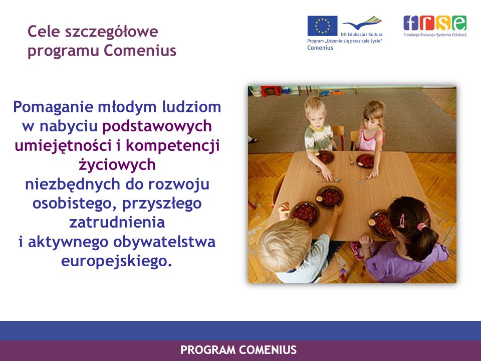 Cele szczegółowe programu Comenius Pomaganie młodym ludziom w nabyciu podstawowych umiejętności i kompetencji życiowych niezbędnych do rozwoju osobistego, przyszłego zatrudnienia i aktywnego obywatelstwa europejskiego.